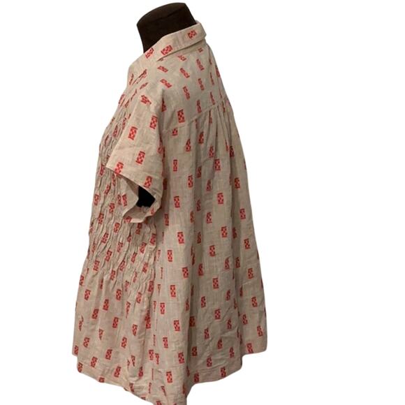 Ivy Jane Button Down Khaki Red 100% Cotton Short Sleeve Flowy Boho Top Size Med - Picture 2 of 8